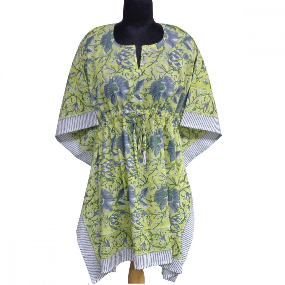 String Kaftan Free Size Indian Block Printed on Soft Cotton Voile Olive Flower gud