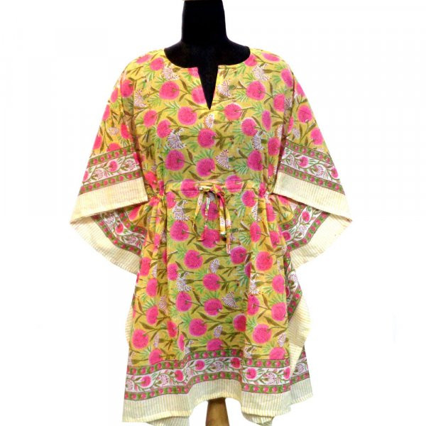 String Kaftan Free Size Indian Block Printed on Soft Cotton Voile Desert Blossom Pink Gud