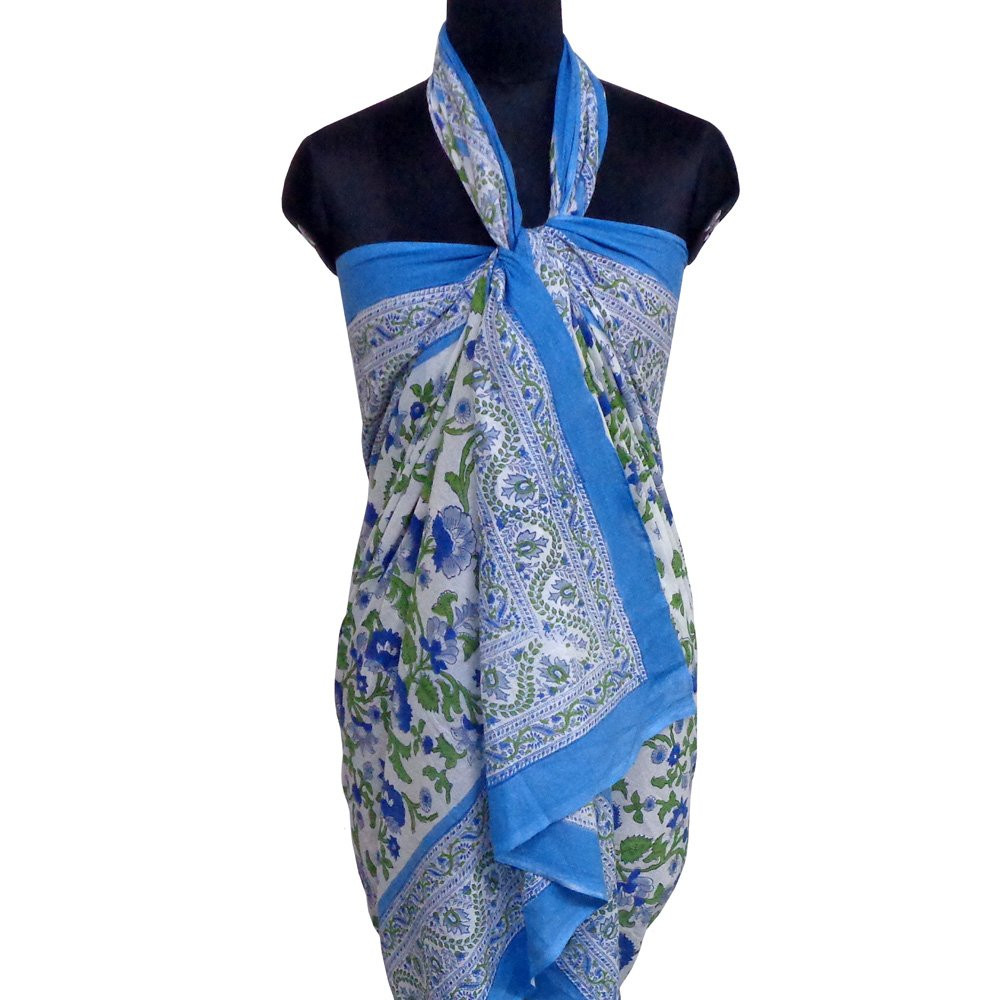 Beach Wrap Sarong Womens Swimwear Wraparound Pareo Soft Cotton Hand Block Printed Rukhsana Blue Open