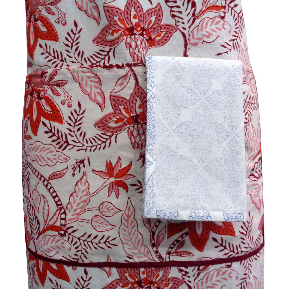 Indian Block-Printed 100 Cotton Apron  Bossanova Red Open