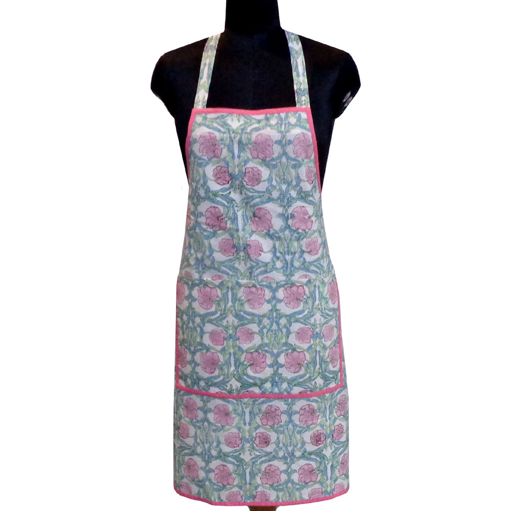 Indian Block-Printed 100 Cotton Apron  Bauhaus Pink Flower