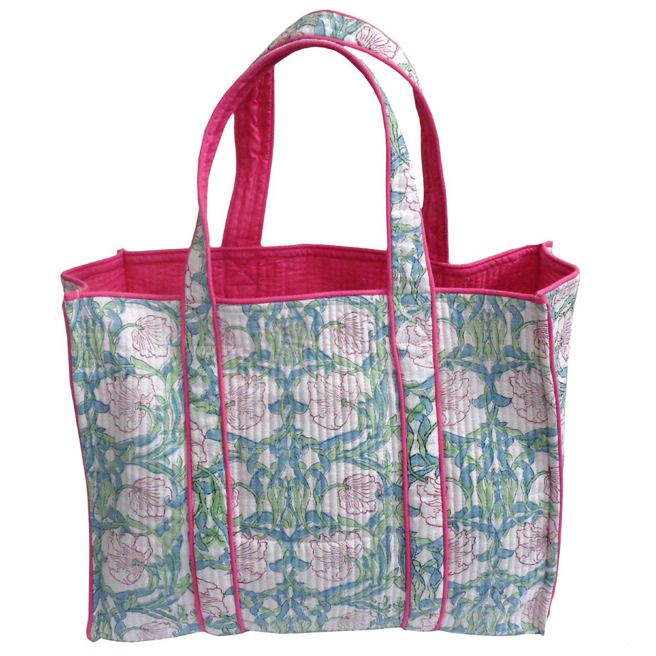 Hand Block Printed Cotton Quilted Tote Bag Bauhaus Pink Open