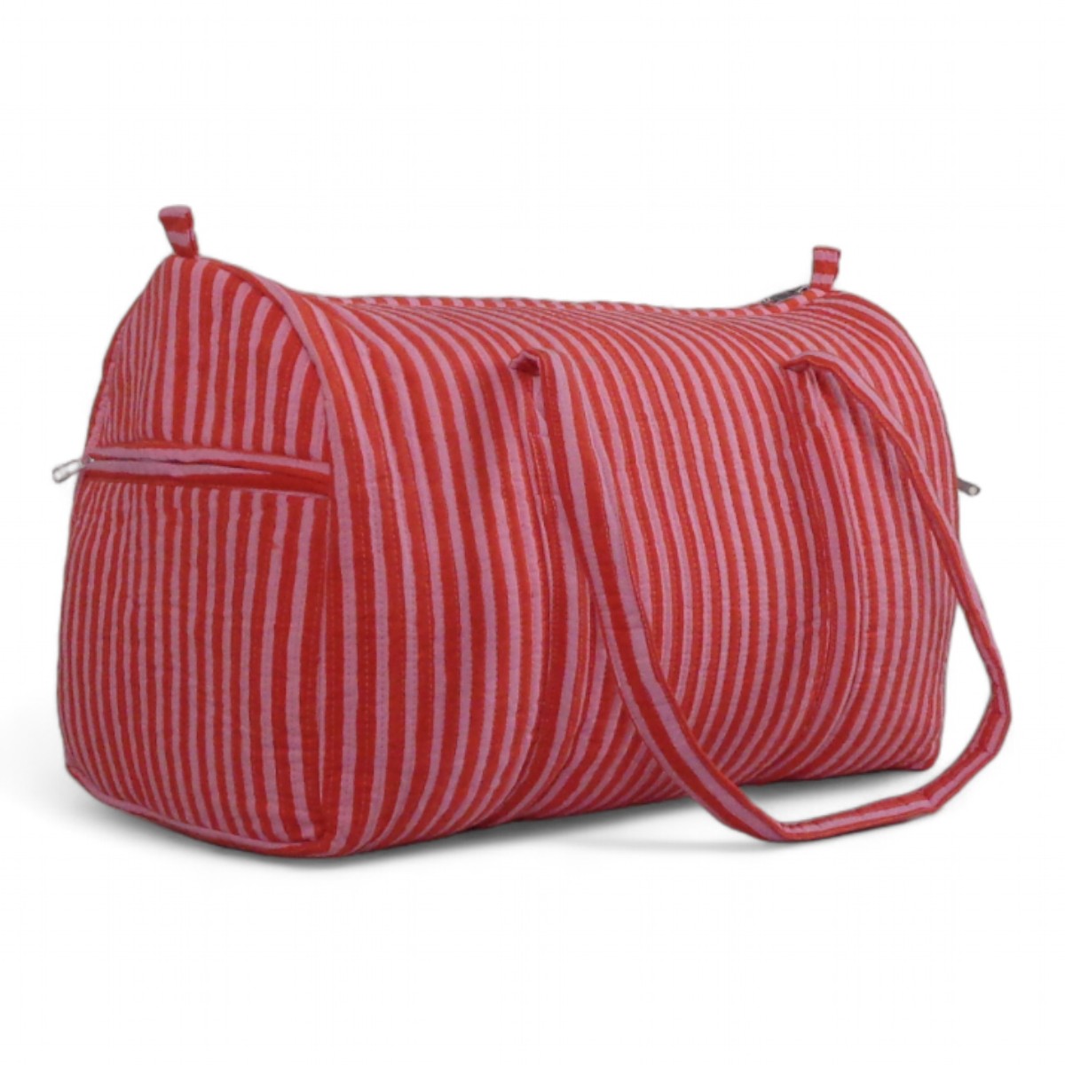 Block Printed Cotton Weekender Bag Stripe Pink Red