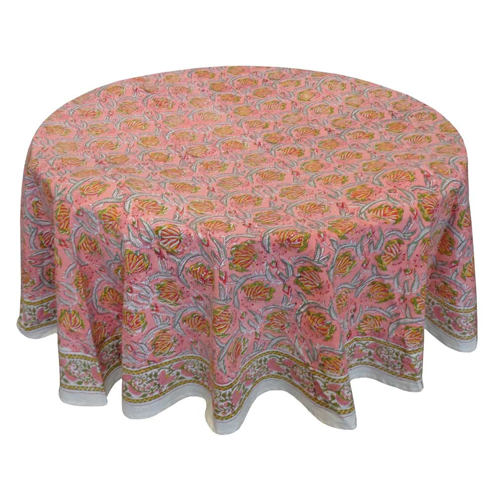 Image of Hand Block Printed Cotton Round Tablecloth 150 cm | Frost Pink Floral 202816