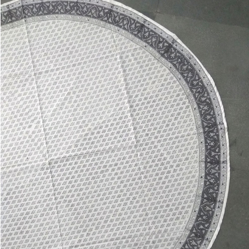 Hand Block Printed Cotton Round Tablecloth 150 cm  Neem Flint Grey 101265