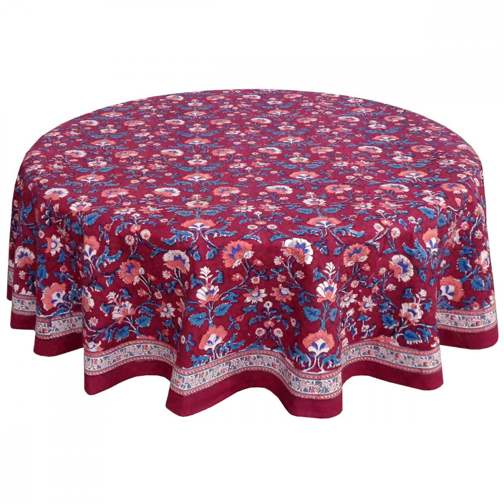 Image of Hand Block Printed Cotton Round Tablecloth 150 cm | Rukhsana Maroon Gud 105823