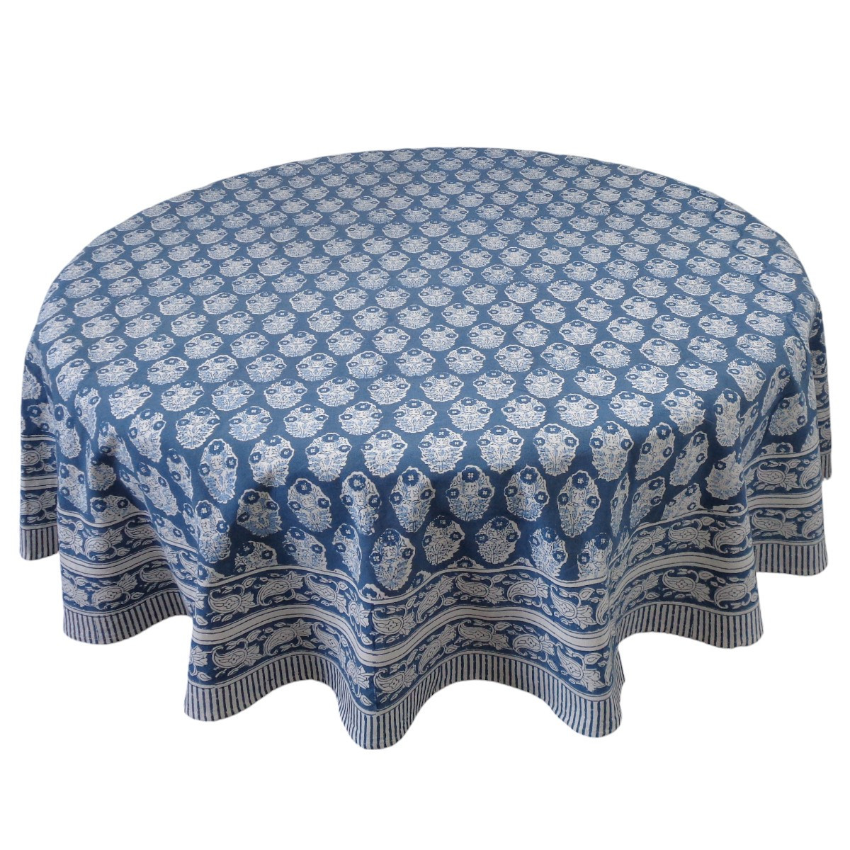 Hand Block Printed Cotton Round Tablecloth 150 cms  Boota Aster Blue 202504