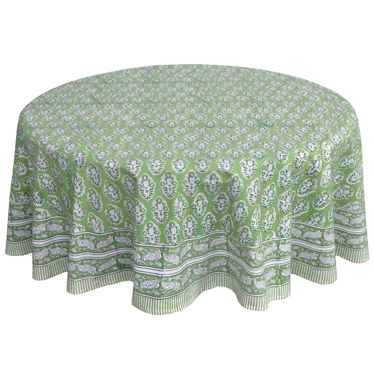 Hand Block Printed Cotton Round Tablecloth 150 cms  Boota Celadon Green Gud 100673