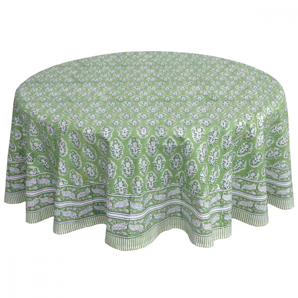 Image of Hand Block Printed Cotton Round Tablecloth 150 cms | Boota Celadon Green Gud 100673