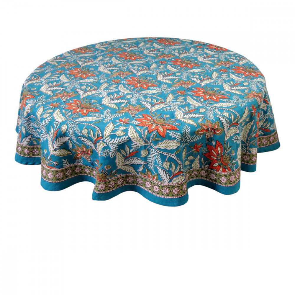 Image of Hand Block Printed Cotton Round Tablecloth 150 cms | Bossanova Green Gud 393939