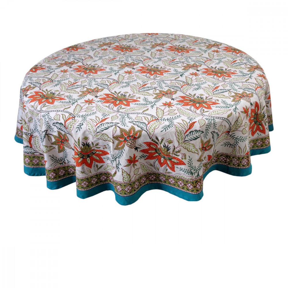 Image of Hand Block Printed Cotton Round Tablecloth 150 cms | Bossanova Green Open 393938