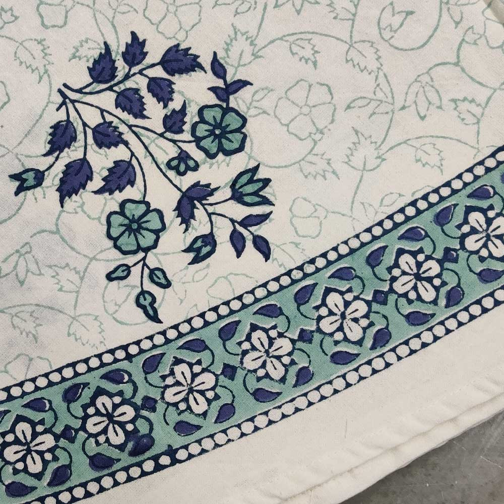 Hand Block Printed Cotton Round Tablecloth 150 cms  Floral Kali Blue Boota 309470