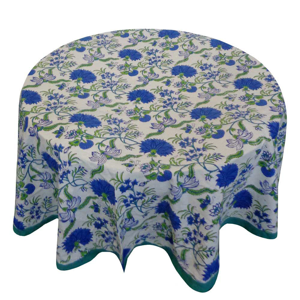 Hand Block Printed Cotton Round Tablecloth 150 cms  Flower Blossom Sea Green Open 100358