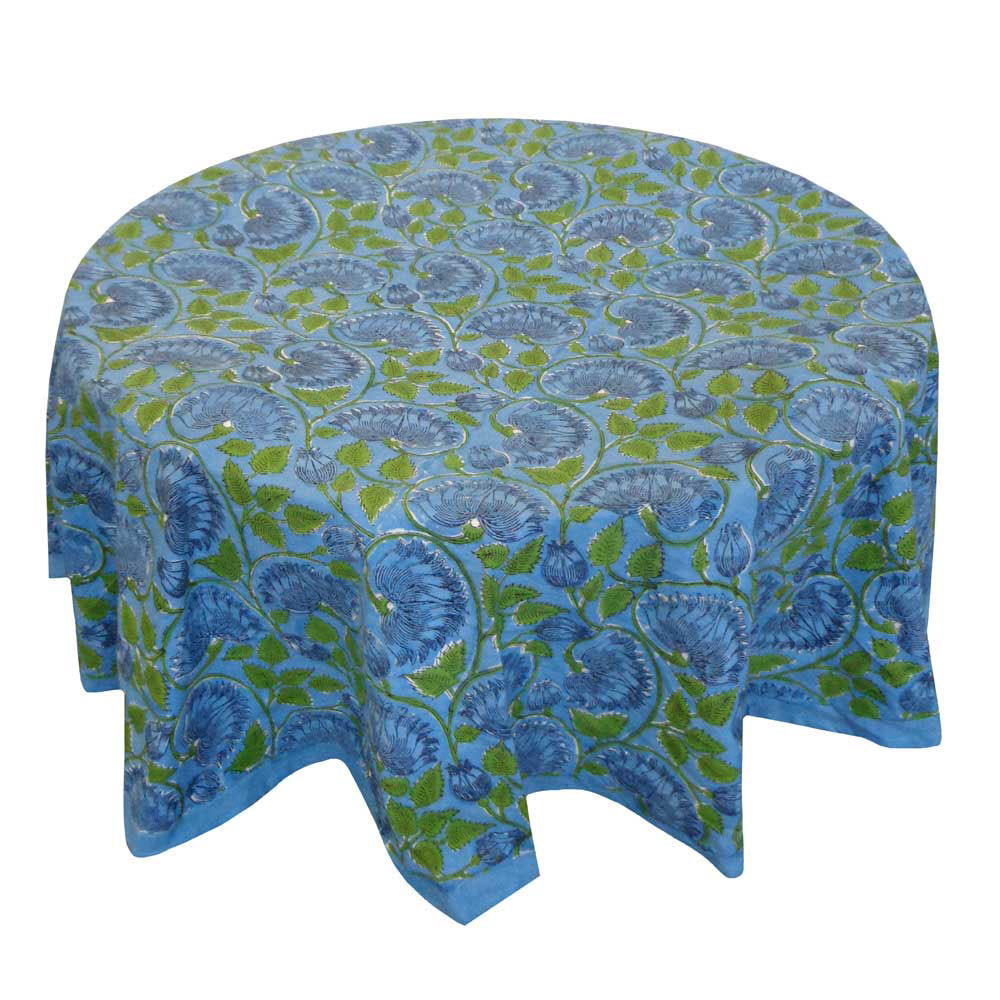 Hand Block Printed Cotton Round Tablecloth 150 cms  Kamal Aqua Gud 106055