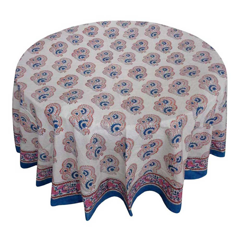 Image of Hand Block Printed Cotton Round Tablecloth 150 cms | Kusum Gulabi Boota 205379