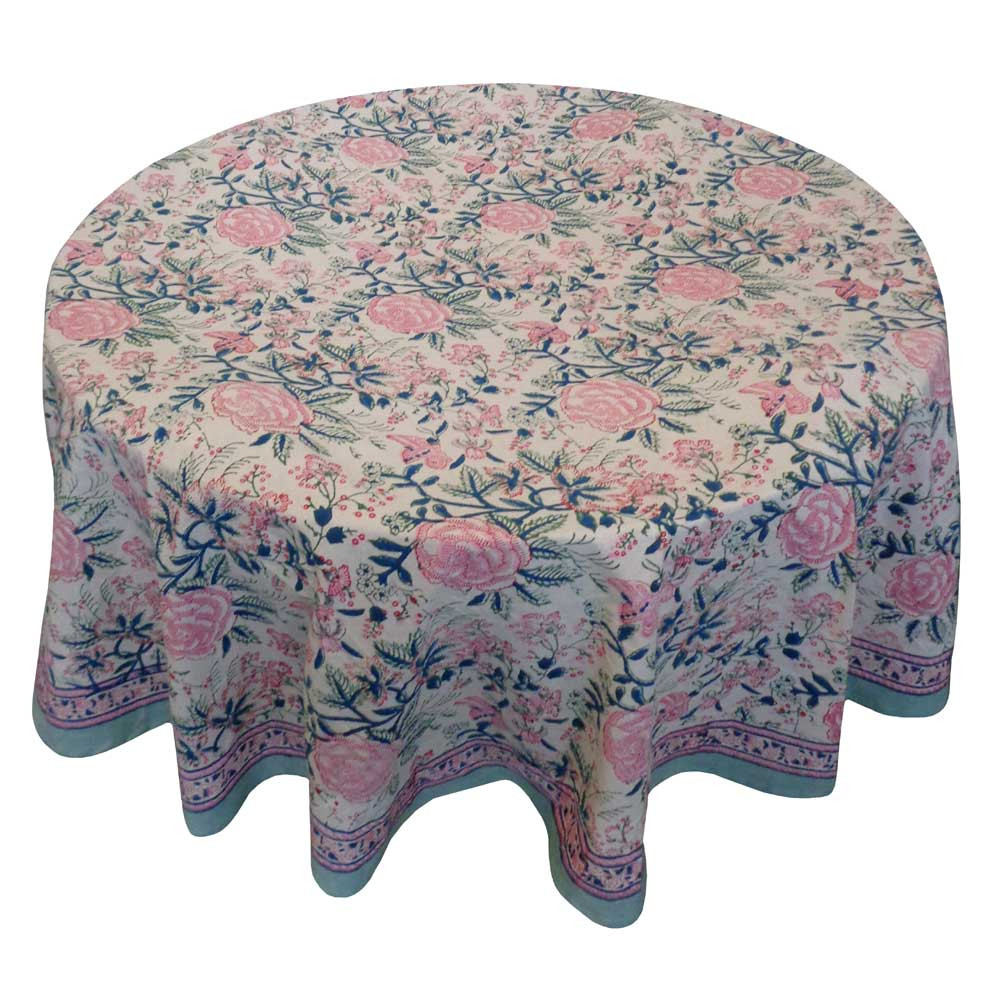 Hand Block Printed Cotton Round Tablecloth 150 cms  Naya Gulab Open 107097