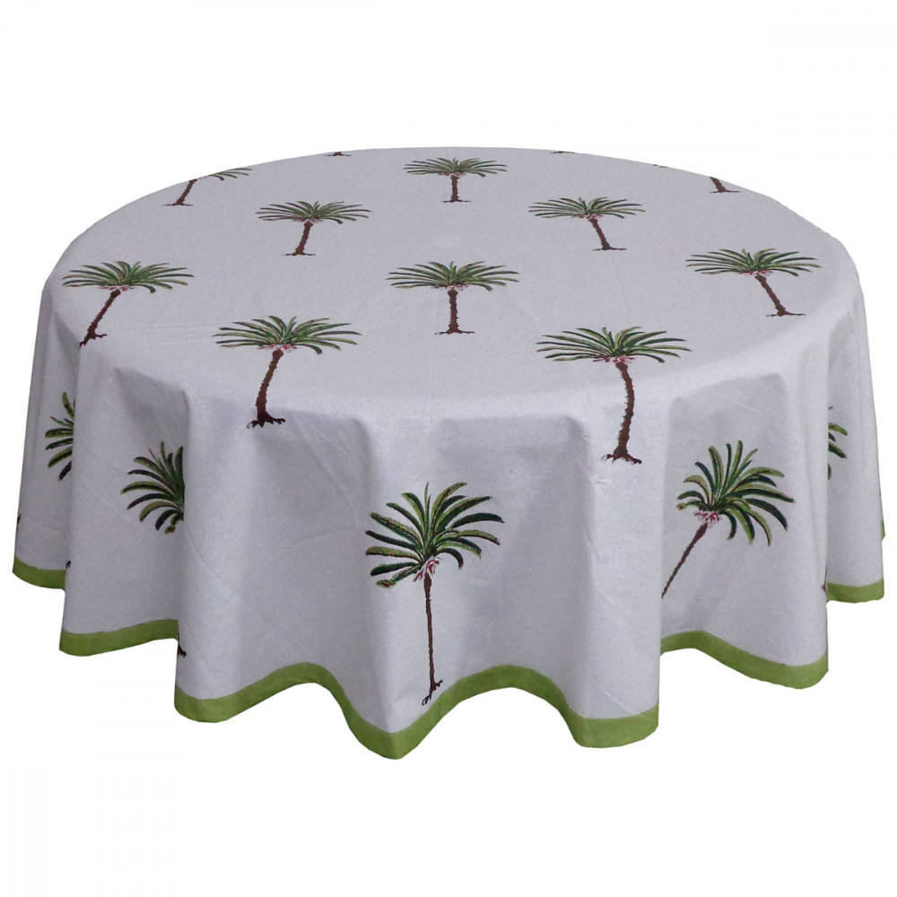 Image of Hand Block Printed Cotton Round Tablecloth 150 cms | Palm Tree Green 109024