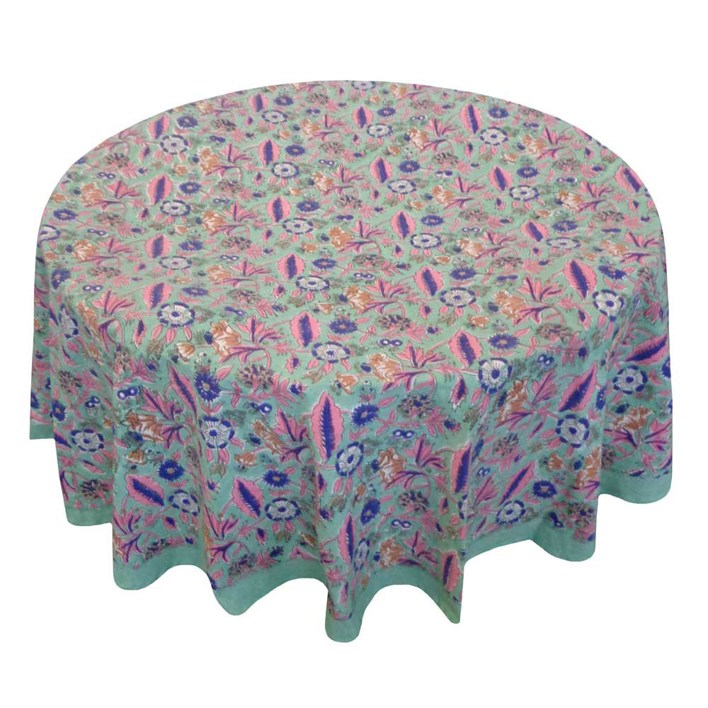 Hand Block Printed Cotton Round Tablecloth 150 cms  Wild Flower Ocean Gud 106179