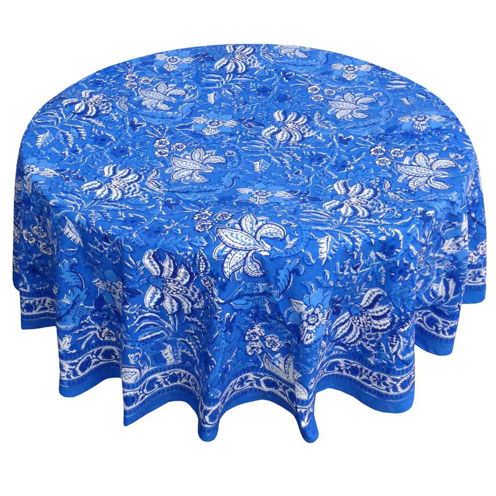 Image of Hand Block Printed Cotton Round Tablecloth 180 cm | Anarkali Blue Gud 106797