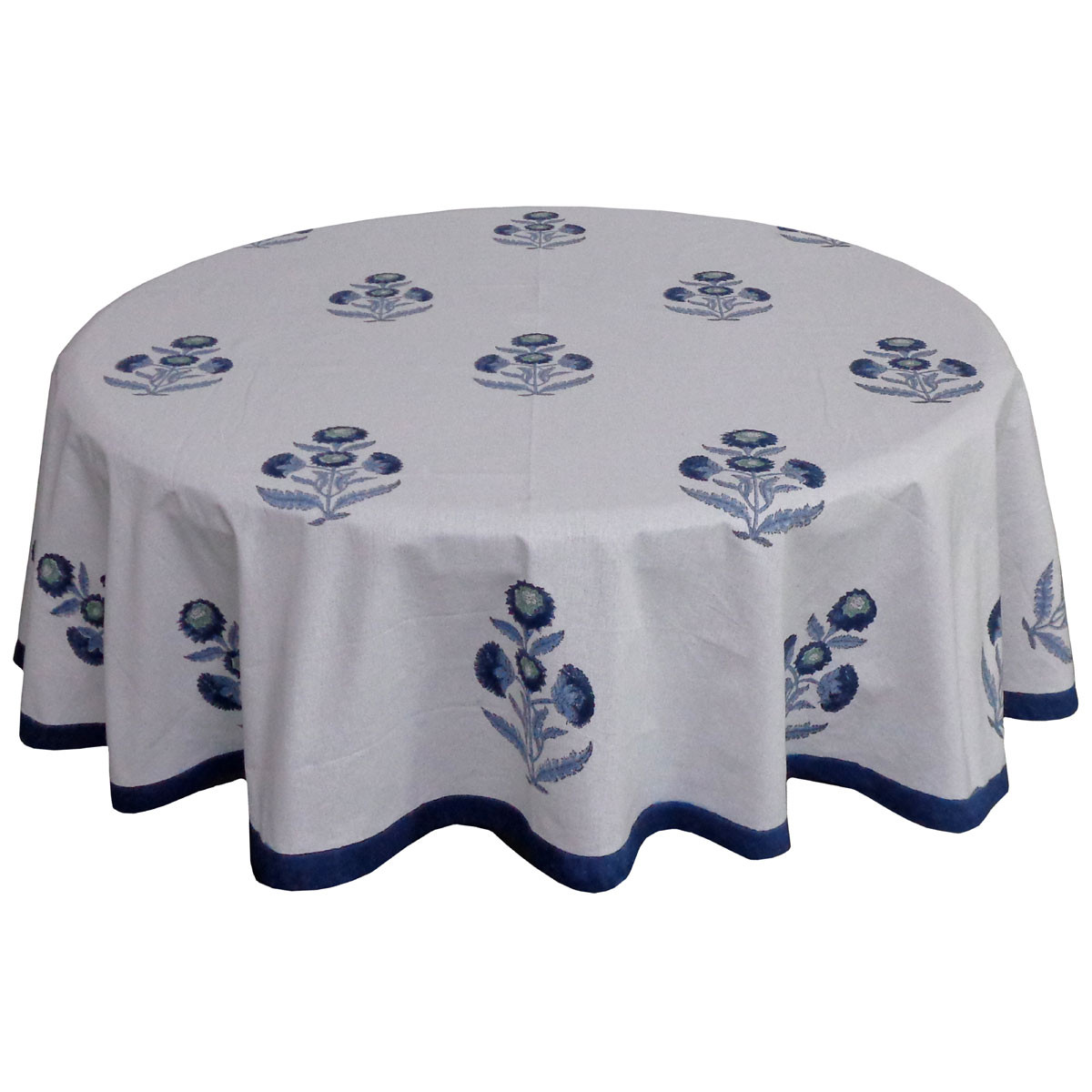 Hand Block Printed Cotton Round Tablecloth 180 cm Boota Blue 204108