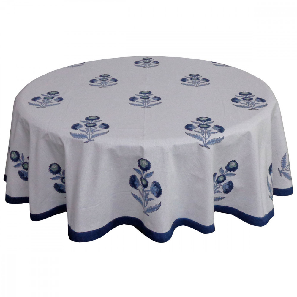 Image of Hand Block Printed Cotton Round Tablecloth 180 cm | Boota Blue 204108