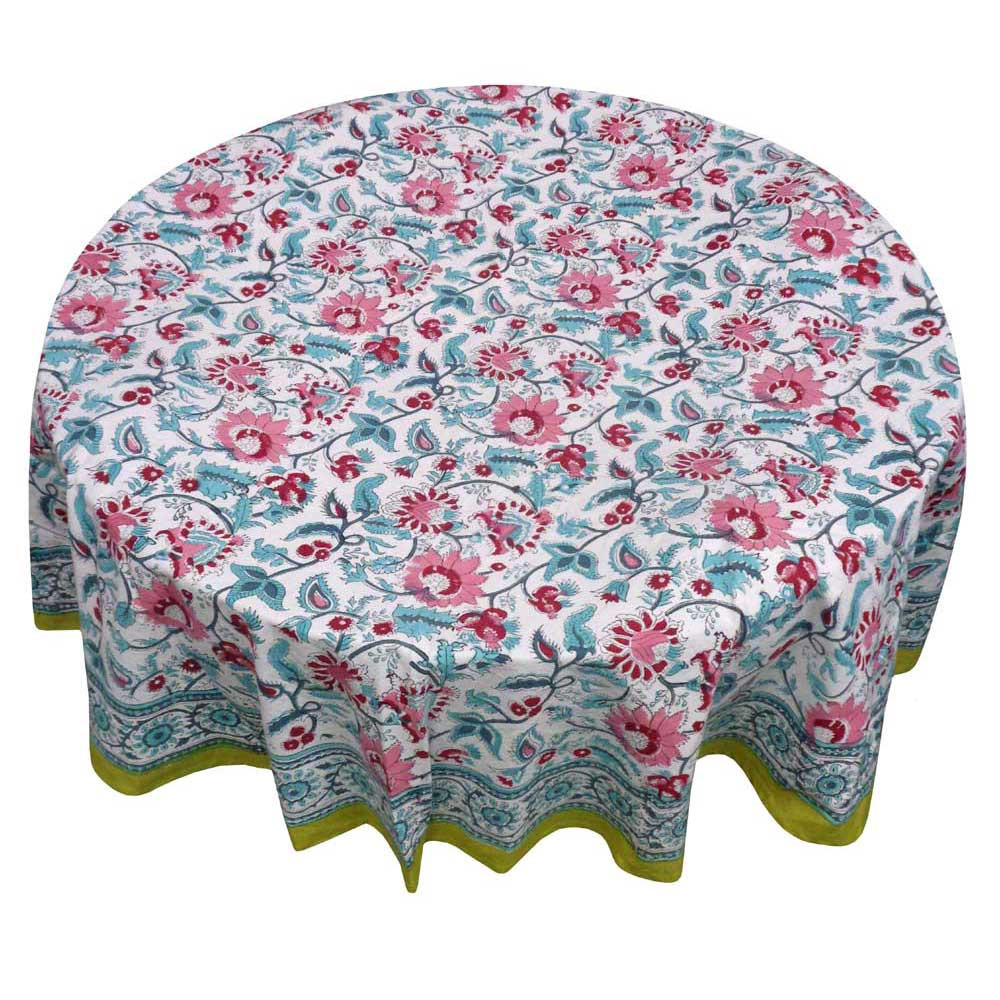 Hand Block Printed Cotton Round Tablecloth 180 cm Phuljhari Olive Open 208289