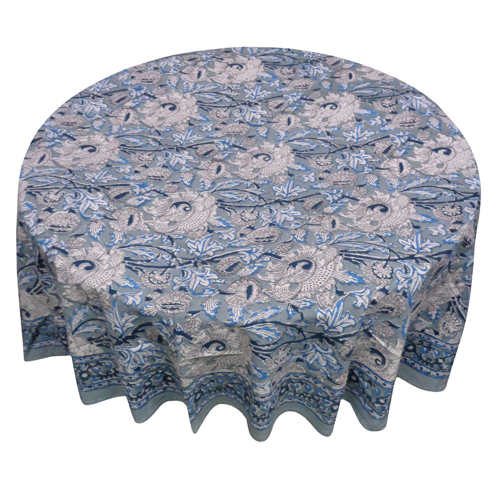 Image of Hand Block Printed Cotton Round Tablecloth 180 cms | Amarnath Grey Gud 108994