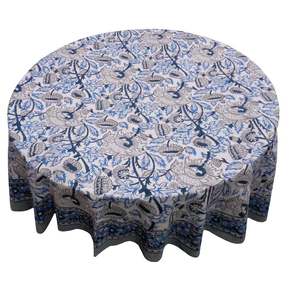 Hand Block Printed Cotton Round Tablecloth 180 cms  Amarnath Grey Open 208496