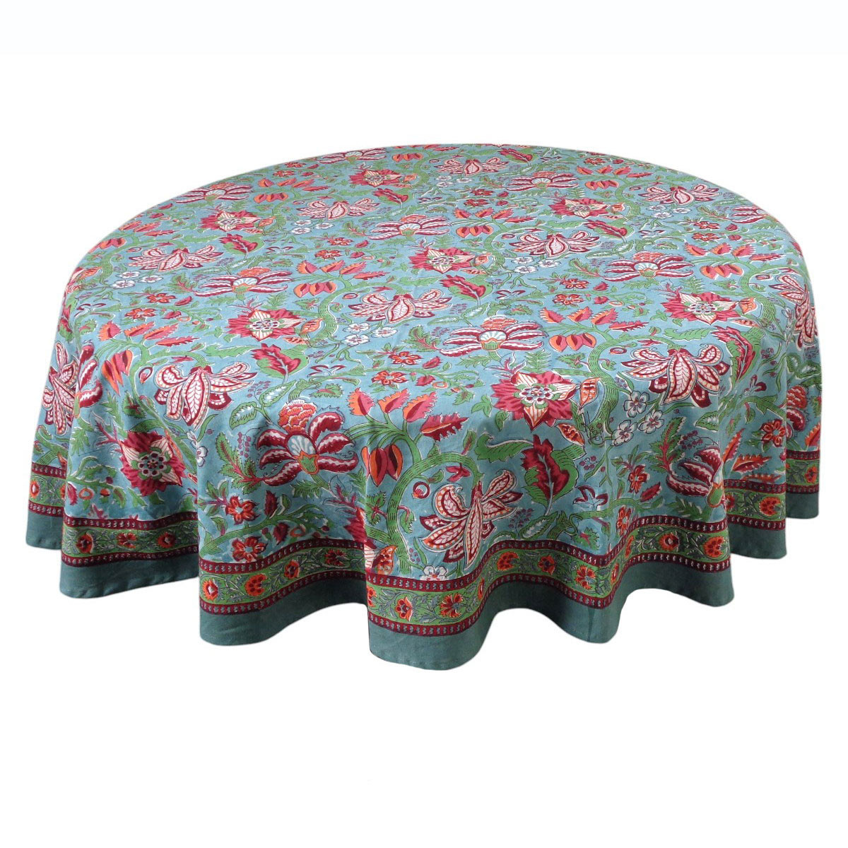 Hand Block Printed Cotton Round Tablecloth 180 cms Anarkali Green Gud 106821