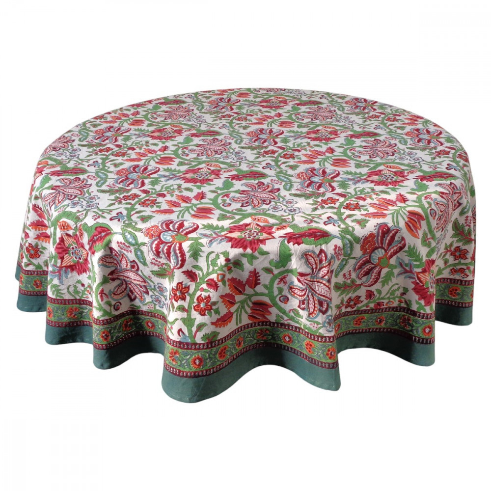 Image of Hand Block Printed Cotton Round Tablecloth 180 cms | Anarkali Green Open 106822