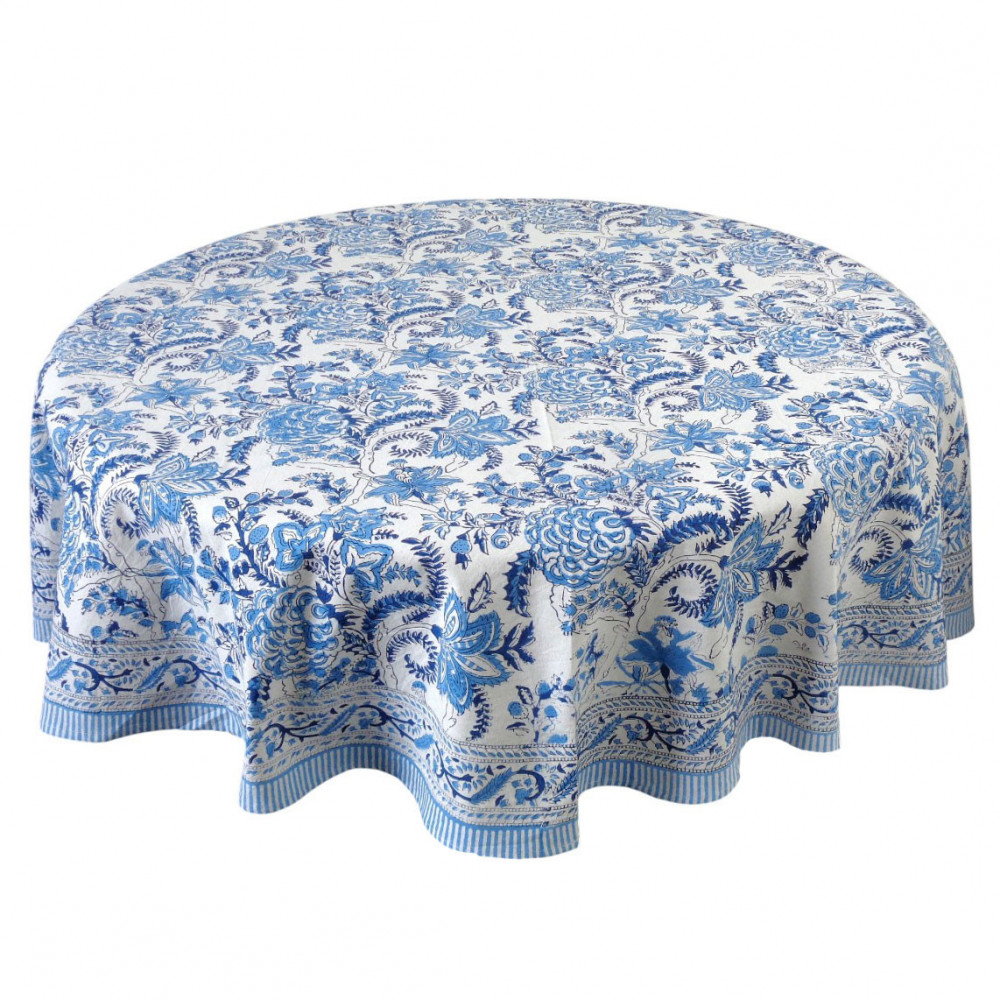 Image of Hand Block Printed Cotton Round Tablecloth 180 cms | Bela Palace Blue 601088