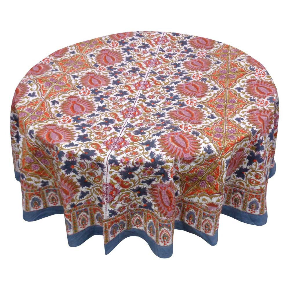 Hand Block Printed Cotton Round Tablecloth 180 cms  Bird Of Paradise Open 204059