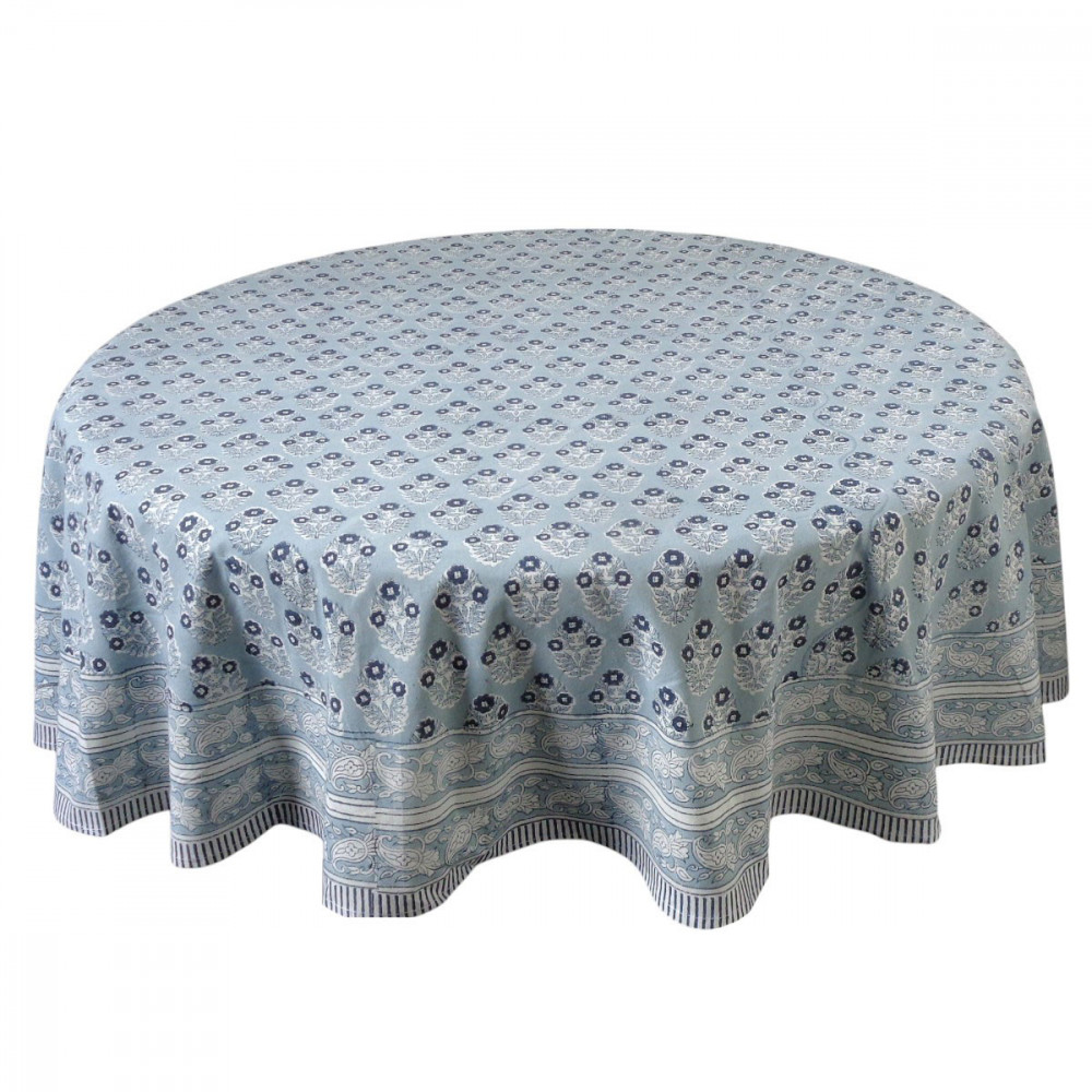 Image of Hand Block Printed Cotton Round Tablecloth 180 cms | Boota Starlight Patti Gud 202505