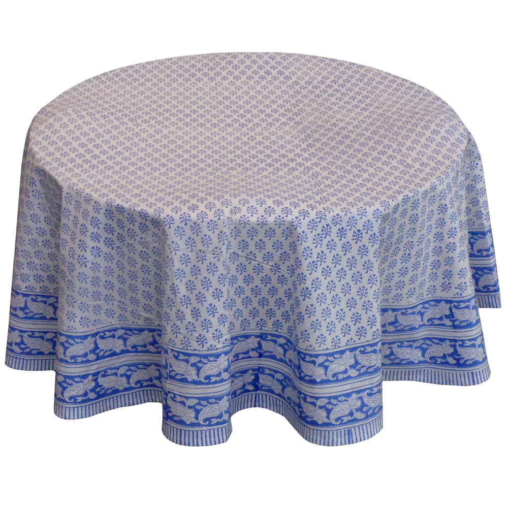 Hand Block Printed Cotton Round Tablecloth 180 cms  Booti Blue 400385