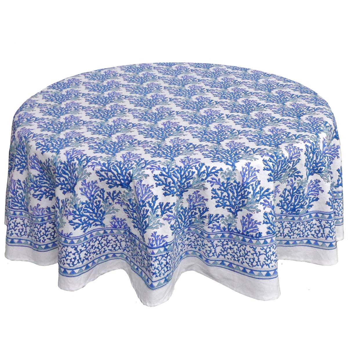 Hand Block Printed Cotton Round Tablecloth 180 cms Coral Multi Blue 502087