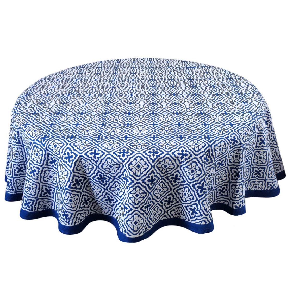 Hand Block Printed Cotton Round Tablecloth 180 cms  Cross Flower Blue 302287