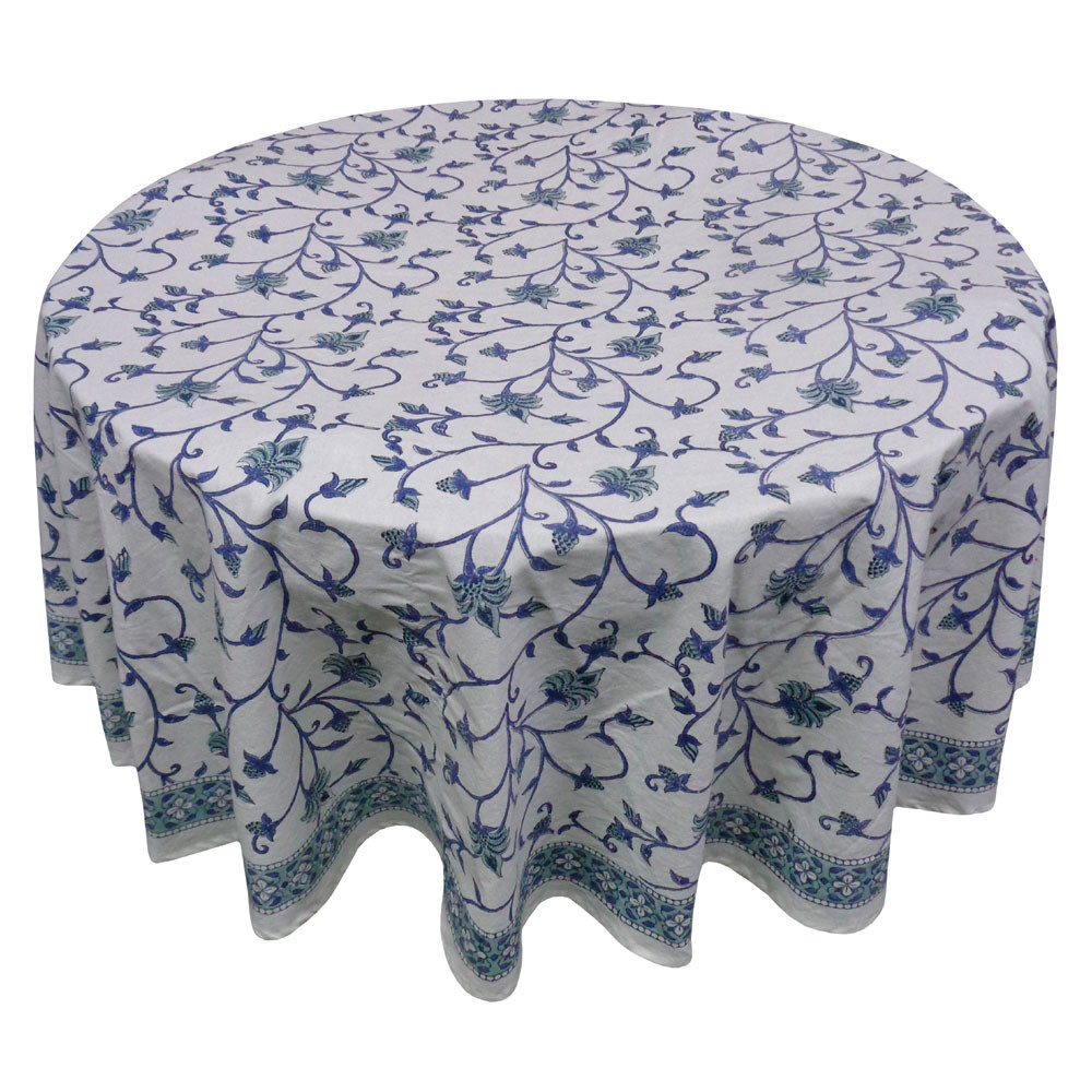 Hand Block Printed Cotton Round Tablecloth 180 cms  Floral Bale Blue 203870