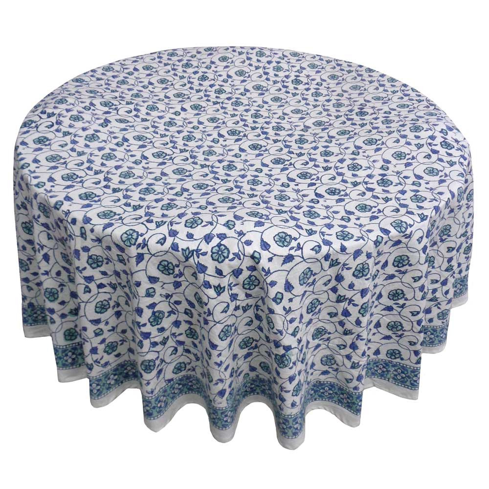 Hand Block Printed Cotton Round Tablecloth 180 cms  Floral Kali Blue 203903