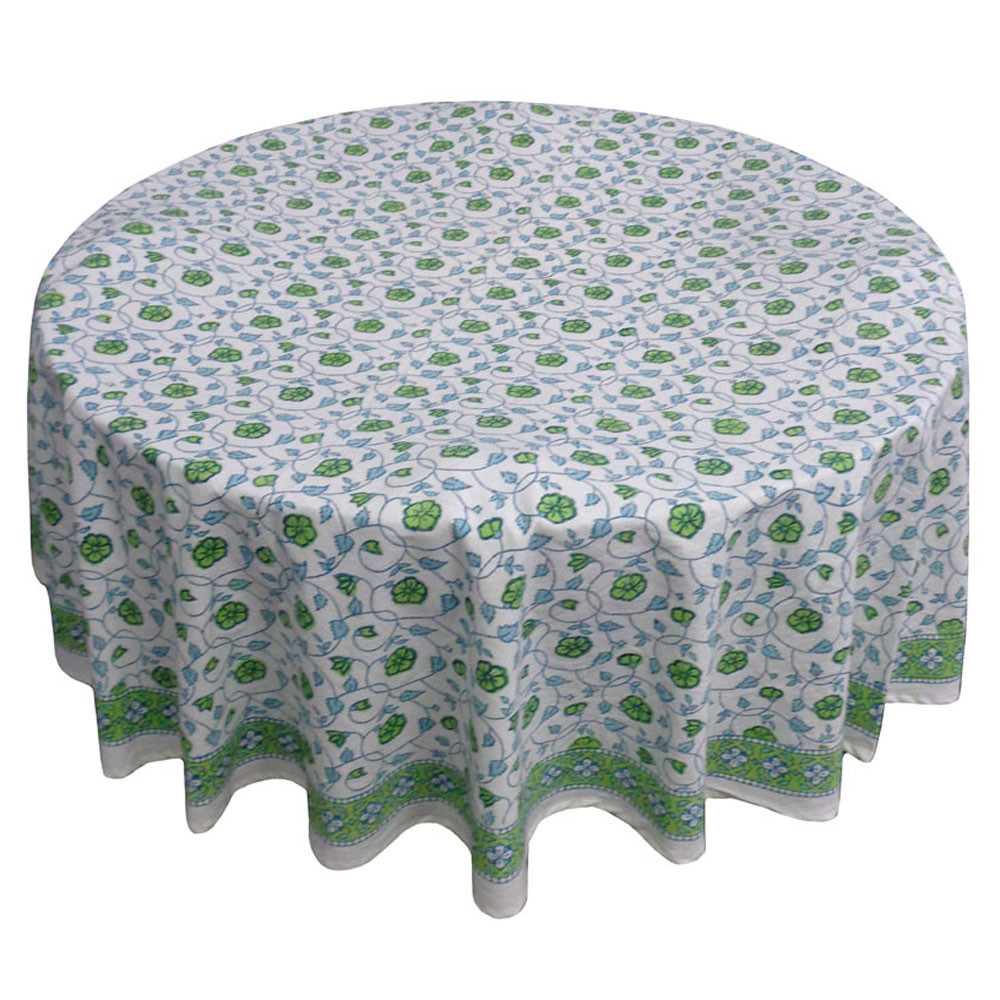 Hand Block Printed Cotton Round Tablecloth 180 cms  Floral Kali Green 203909