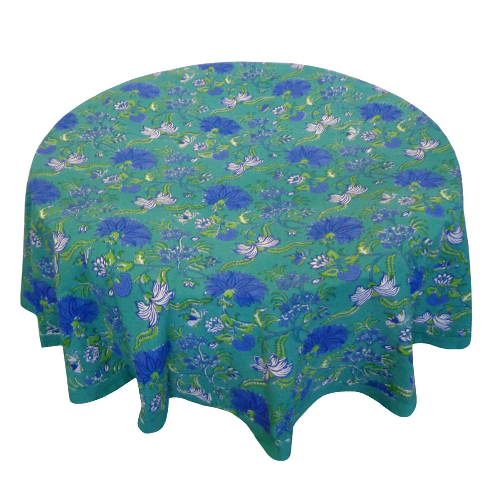 Hand Block Printed Cotton Round Tablecloth 180 cms  Flower Blossom Sea Green Gud 106040