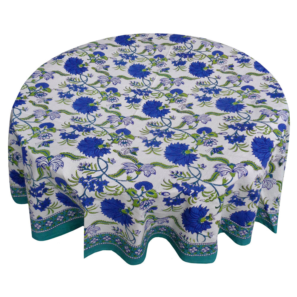 Image of Hand Block Printed Cotton Round Tablecloth 180 cms | Flower Blossom Sea Green Open 100358