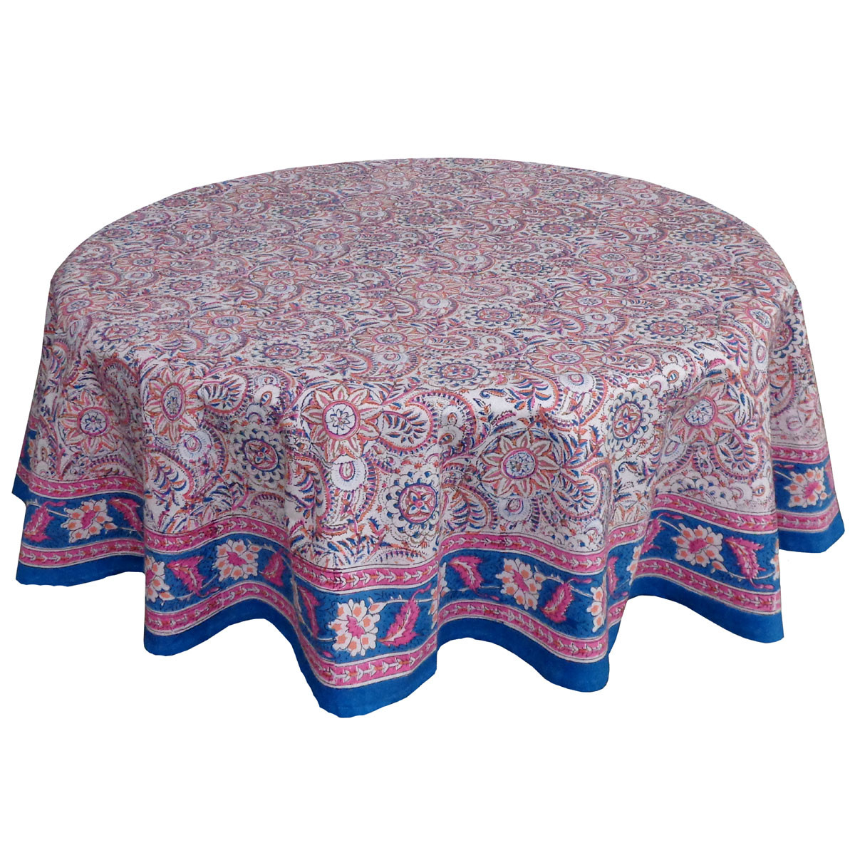 Hand Block Printed Cotton Round Tablecloth 180 cms  Kusum Gulabi Jaal 106025