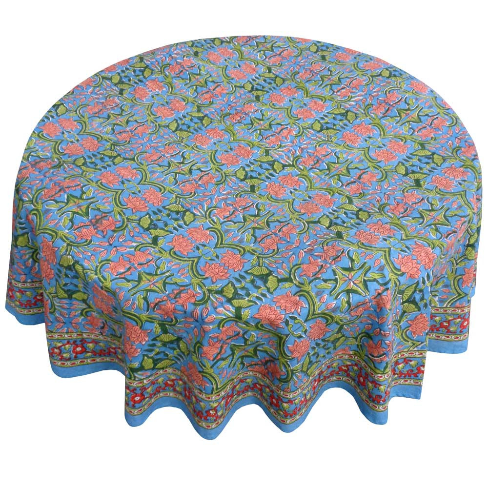 Image of Hand Block Printed Cotton Round Tablecloth 180 cms | Lotus Green Gud 204827