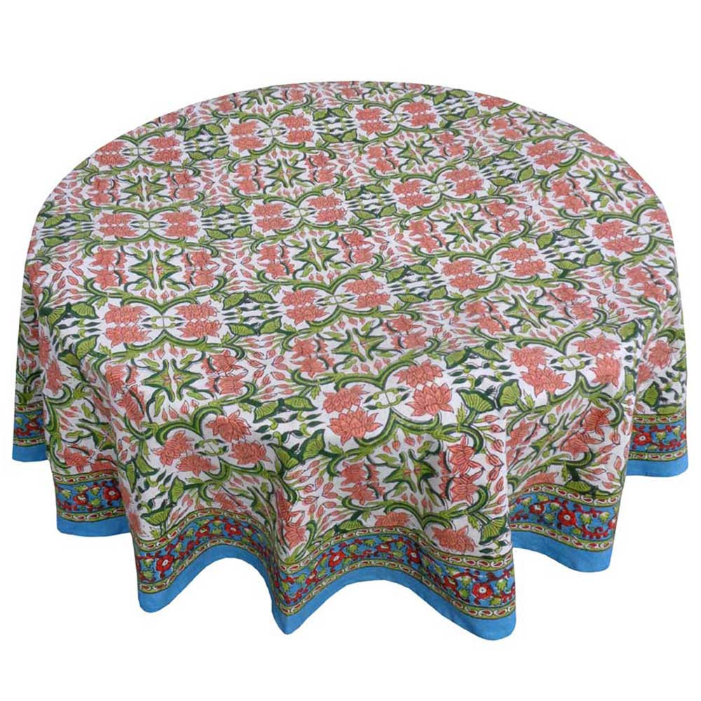 Image of Hand Block Printed Cotton Round Tablecloth 180 cms | Lotus Green Open 106868