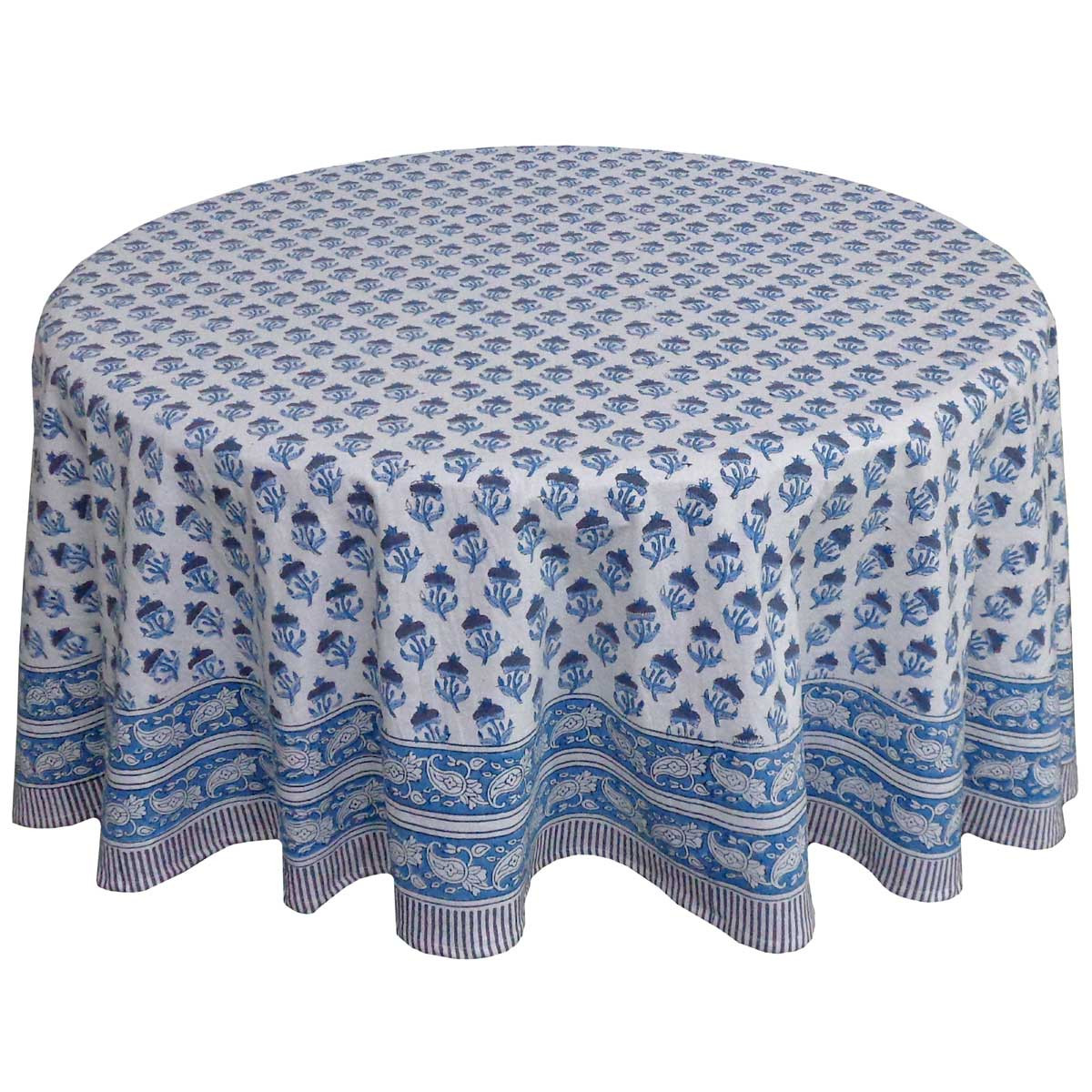 Hand Block Printed Cotton Round Tablecloth 180 cms Marigold Teal 230514
