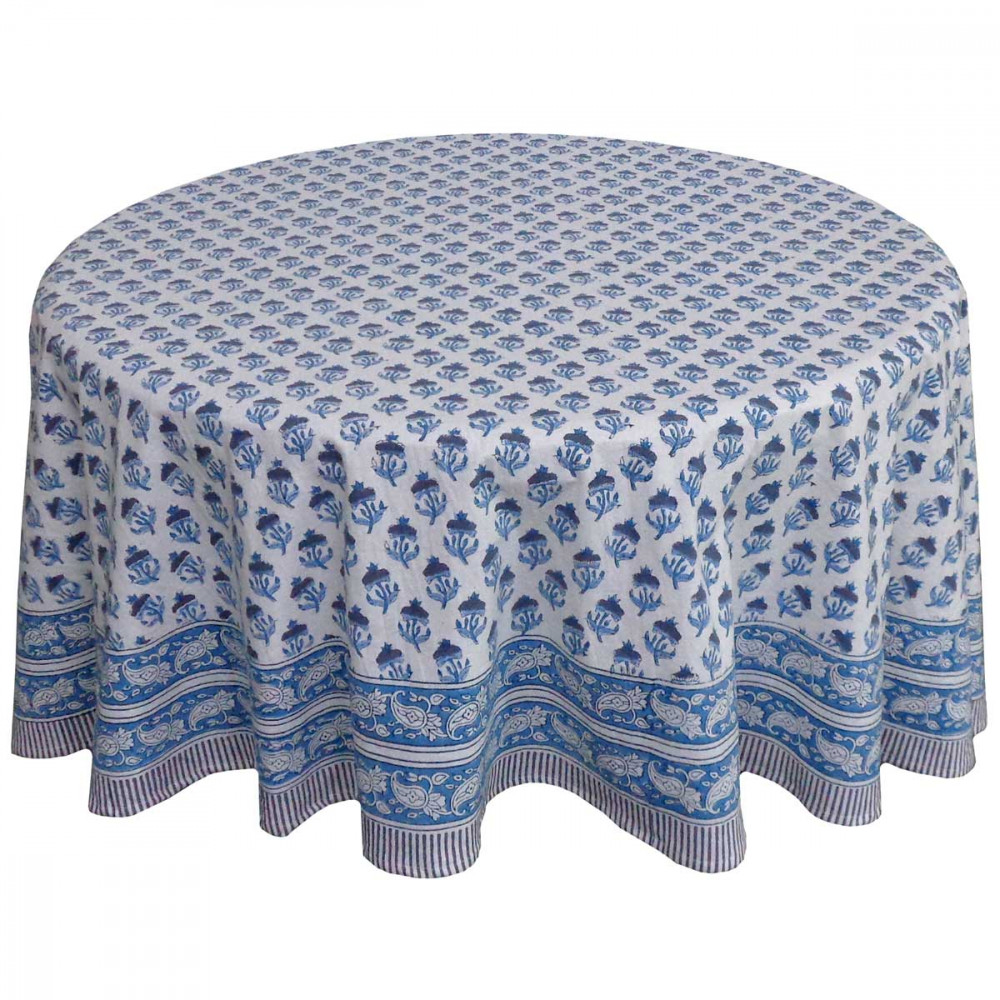 Image of Hand Block Printed Cotton Round Tablecloth 180 cms | Marigold Teal 230514