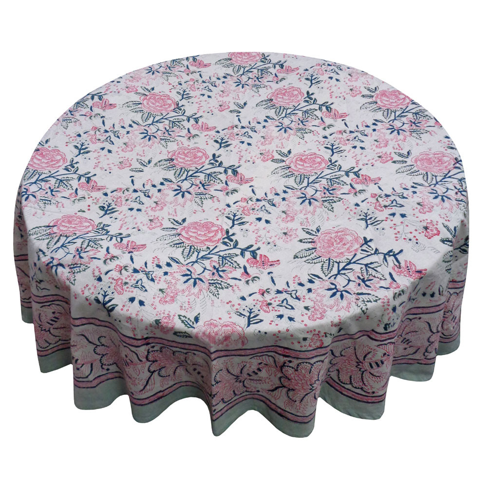 Hand Block Printed Cotton Round Tablecloth 180 cms Naya Gulab Open 107097