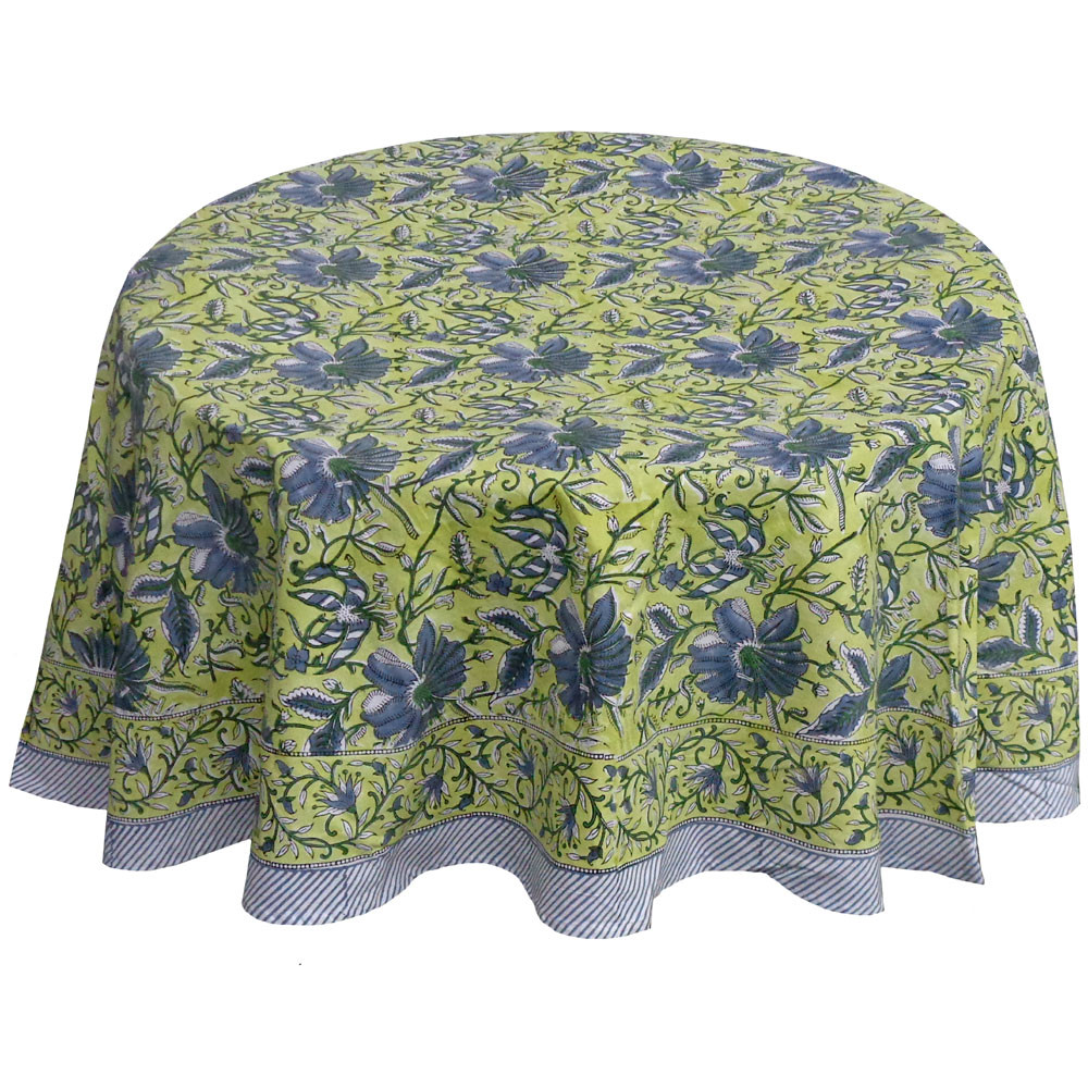 Hand Block Printed Cotton Round Tablecloth 180 cms  Olive Flower Gud 602183