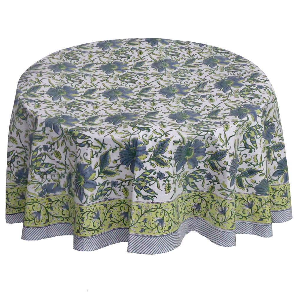 Hand Block Printed Cotton Round Tablecloth 180 cms  Olive Flower Open 602178