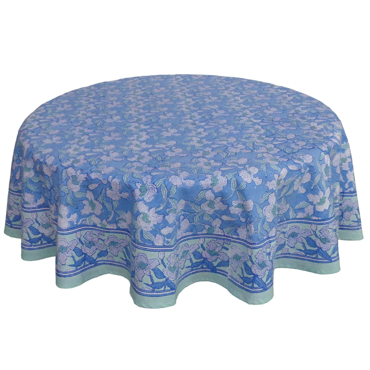 Hand Block Printed Cotton Round Tablecloth 180 cms Orchid Aqua 203890